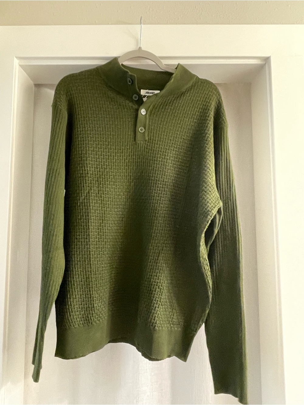 Men's Olive Green Waffle-Knit Henley Sweater